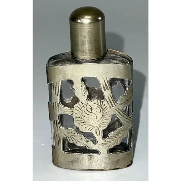 Antique Sterling Silver Perfume Overlay Glass Bottle Small Marked - Picture 2 of 4